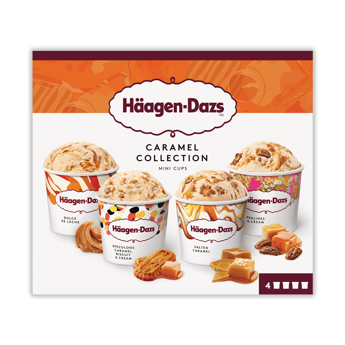 Haagen Dazs mini cups caramel collection including Dulce De Leche, Speculoos caramel biscuit & cream, Salted caramel, and Pralines & cream, front of package